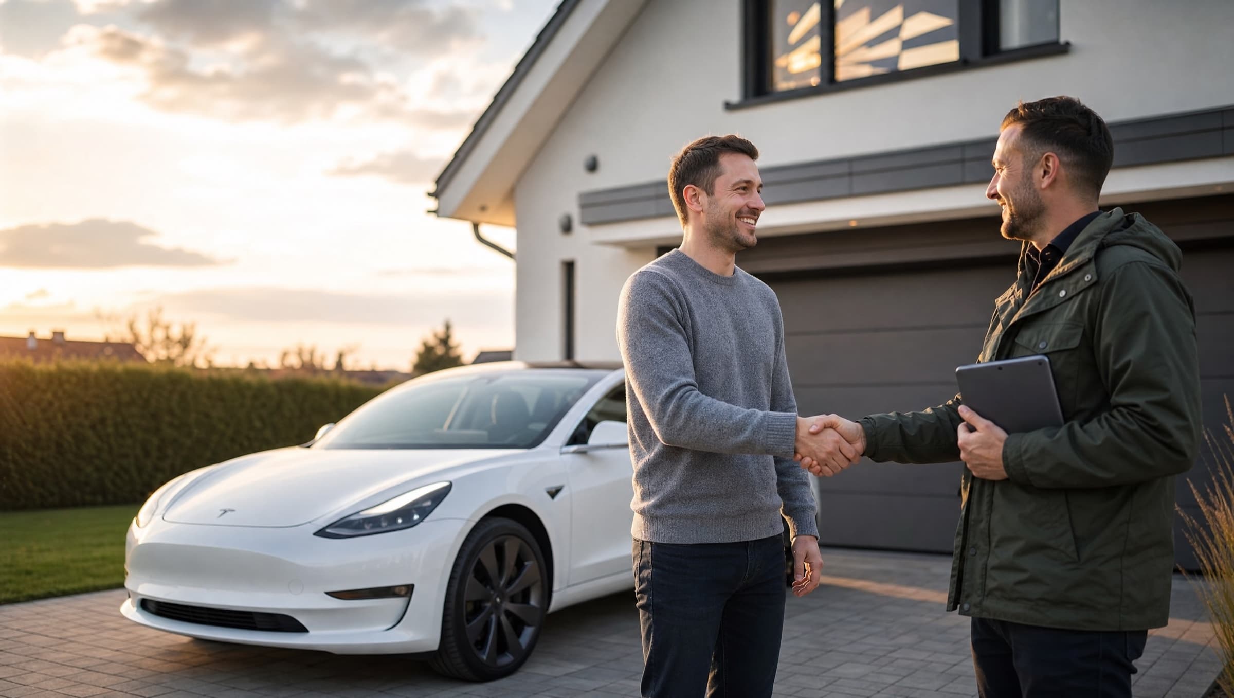 Verkäufer und Voltio-Ankäufer mit iPad geben sich vor einem weißen Tesla in der Hofeinfahrt die Hand